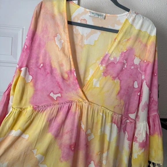 WODEMAYA Italy viscose tie dye pastel multicolor bell long sleeve mini dress